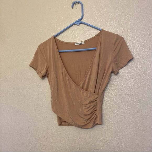 VETIOR Solid tan beige 100% modal Short Sleeve wrap front Crop Top Shirt Small - Picture 2 of 9